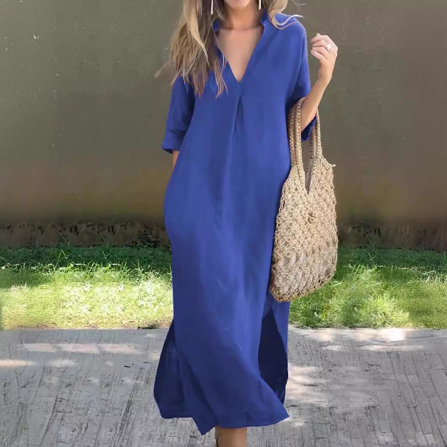 Breezy Elegance™ Summer Cotton Linen Dress – Casual V-Neck, Flowy Fit, Plus Size Comfort for Women