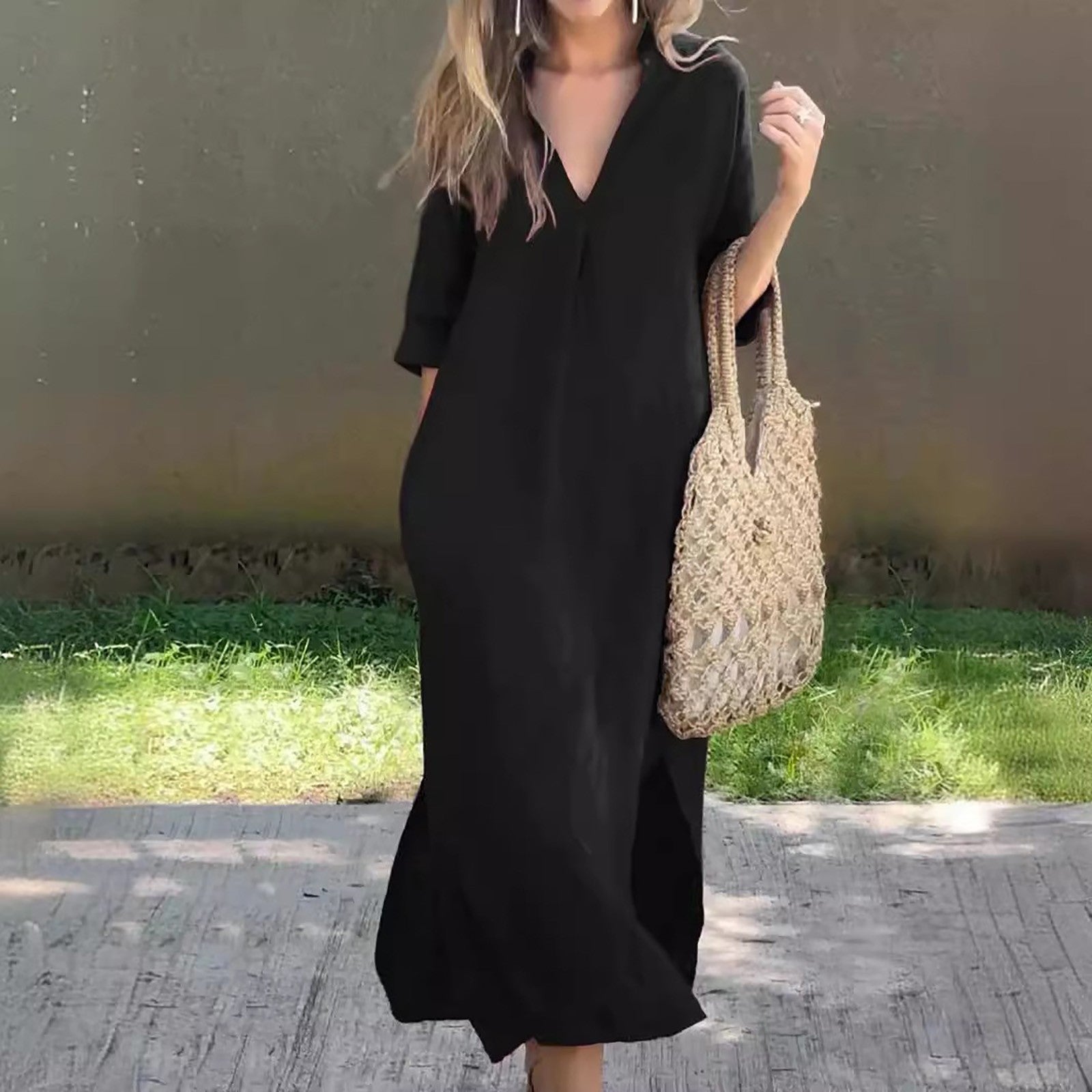 Breezy Elegance™ Summer Cotton Linen Dress – Casual V-Neck, Flowy Fit, Plus Size Comfort for Women